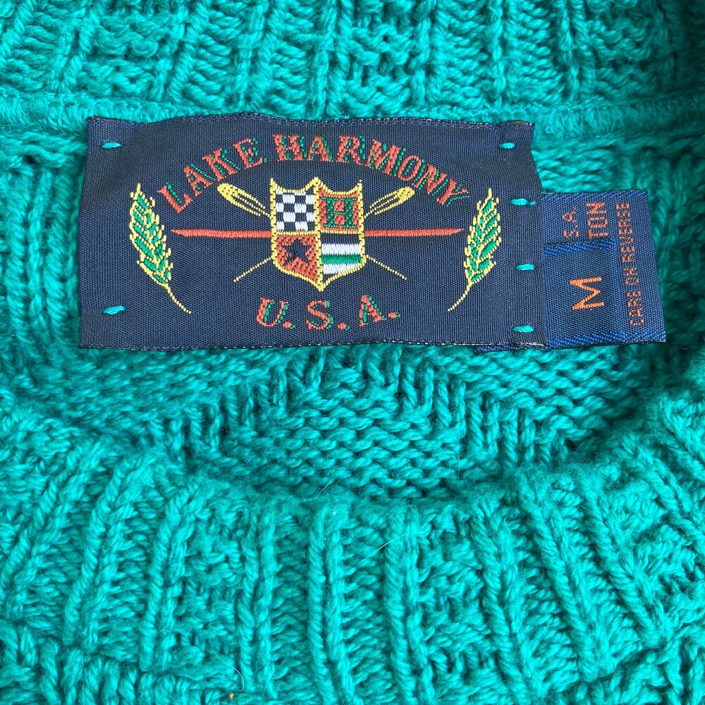 VTG Lake Harmony Sweater M Green Textured Knit Crewneck USA Made Cotton Preppy - Picture 6 of 10